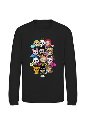 Sort sweatshirt med farverige tegneseriefigurer fra Disney med talebobler, der siger "OMG," "WOW," "HELLO," og "EYES ON YOU."