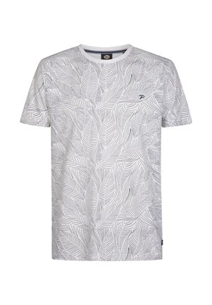 Kurzärmliges, weißes Baumwoll-T-Shirt mit einem detaillierten navy-blauen Blattmuster und einem kleinen Logo auf der linken Brust.