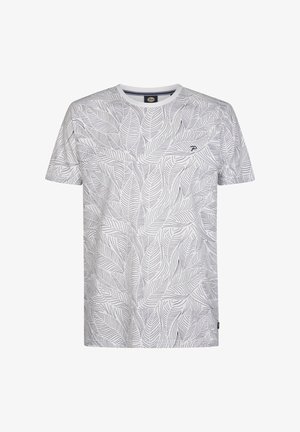 T-shirt en coton blanc à manches courtes, ornée d'un motif détaillé de feuilles bleu marine et d'un petit logo sur la poitrine gauche.