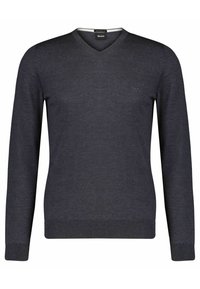 Mörkgrå V-ringad herrtröja i mjukt tyg. Långa ärmar med ribbad mudd och nederkant, med en liten logotyp på bröstet.