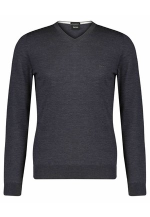 Maglione da uomo a V in grigio scuro, realizzato in tessuto morbido. Maniche lunghe con polsini e orlo a coste, con un piccolo logo sul petto.