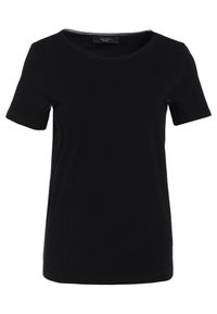 Black short-sleeve t-shirt made of soft cotton fabric, featuring a rounded neckline and a basic design without patterns or embellishments.