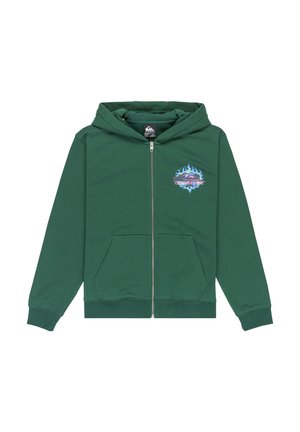 Groene hoodie met volledige rits, voorzakken en een blauw vlamlogo met een golfgrafiek op de linkerborst.