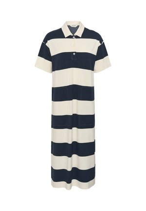 Marineblaue und weiße horizontal gestreifte Polo-Kleid mit kurzen Ärmeln, Kragen, Knöpfen und aufgesetzten Taschen vorne.