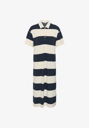 Polo obleka s kratkimi rokavi v mornarsko modri in beli vodoravni črti, ovratnikom, gumbi in sprednjimi žepki z našitki.