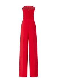 Mono rojo sin tirantes con un corsé ajustado, piernas anchas y cremallera en la parte posterior. Tejido suave con costuras mínimas y líneas limpias.
