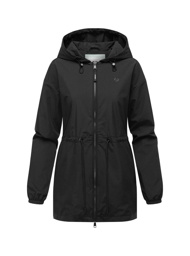 Veste légère noire avec capuche, taille cintrée et fermeture éclair sur le devant. Présente des poignets élastiques et des cordons de serrage pour un ajustement réglable.