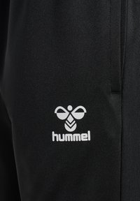 Sorte sportsbukser med en glat tekstur og et hvidt logo af to stiliserede vinger og en bi på låret.