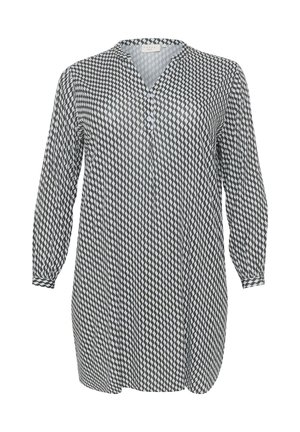 Schwarz-weiße gemusterte Tunika-Bluse, lange Ärmel, V-Ausschnitt mit Knopfleiste, mit einem geometrischen Diamantdesign und weich texturiertem Stoff.