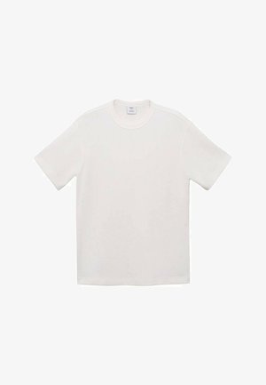 Tričko s krátkým rukávem a klasickým kulatým výstřihem v barvě slonová kost. Vyrobeno z hladké bavlněné tkaniny s volným střihem a jemným prošitím podél švů na ramenou.