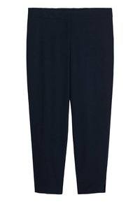 Granatowe spodnie z elastycznym pasem, zwężanymi nogawkami i bocznymi rozcięciami przy nogawkach dla lepszego komfortu i swobody ruchów.