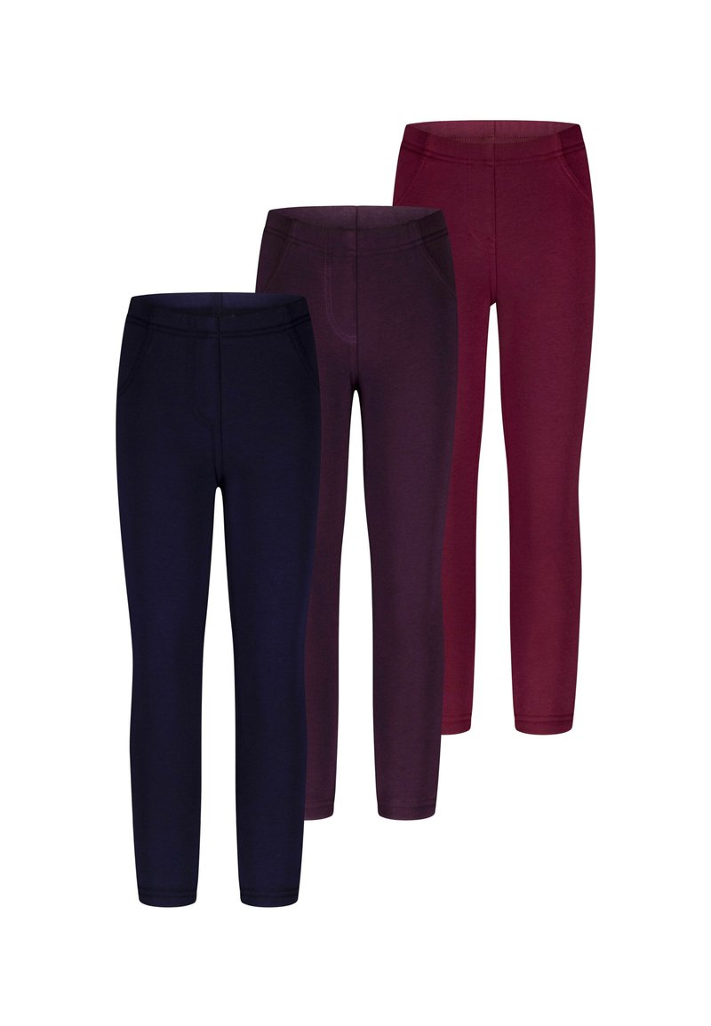 Drie paren leggings: donkerblauw, diep paars en bordeauxrood. Gemaakt van zachte stof met een strakke pasvorm en elastische tailleband.
