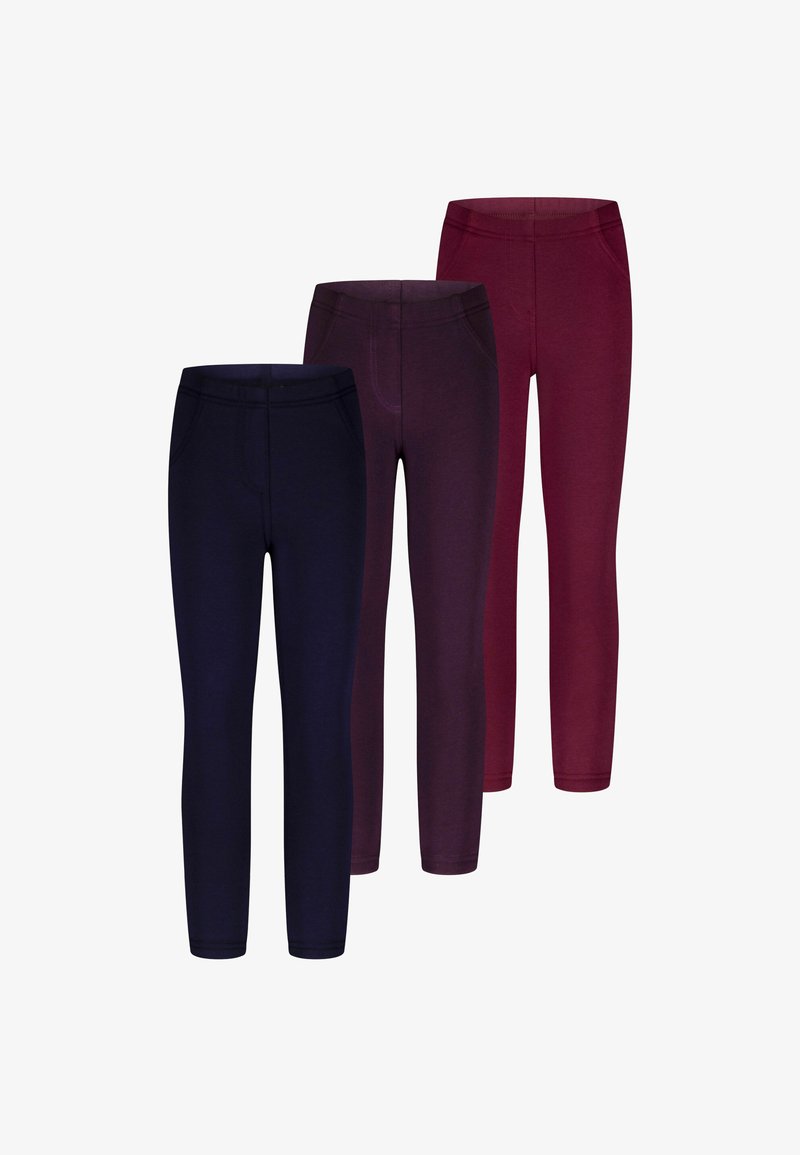 Drie paren leggings: donkerblauw, diep paars en bordeauxrood. Gemaakt van zachte stof met een strakke pasvorm en elastische tailleband.