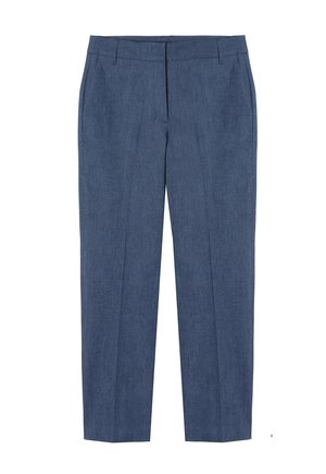 Dark blue tailored trousers made from lightweight fabric. Features straight legs, two front pockets, and a flat front design.