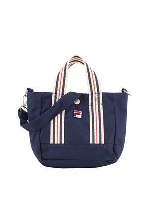 Borsa tote blu navy con manici panna, caratterizzata da strisce rosse e blu navy, tracolla staccabile e piccolo logo del marchio ricamato.