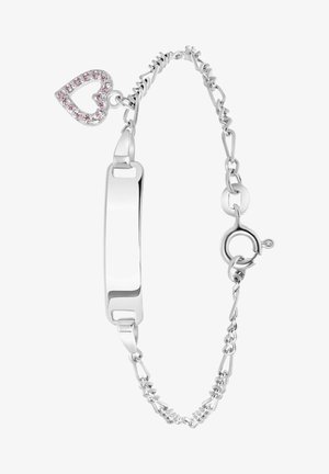 Zilveren armband met een vlak, gepolijst ID-plaat, voorzien van een hart-hanger versierd met roze edelstenen op een schakeldesign.