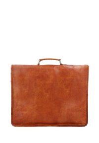 Portadocumenti in pelle di colore marrone medio, forma rettangolare, texture liscia, con manico superiore e bordi cuciti per una maggiore durata.