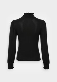 Svart långärmad topp med hög smockad krage och samlade puffärmar, med en slät textur och en åtsittande silhuett.