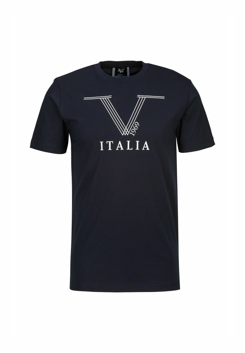 Marineblaue Baumwoll-T-Shirt mit einem weißen Grafikdruck "V 1969 ITALIA" auf der Vorderseite, Rundhalsausschnitt und kurzen Ärmeln.