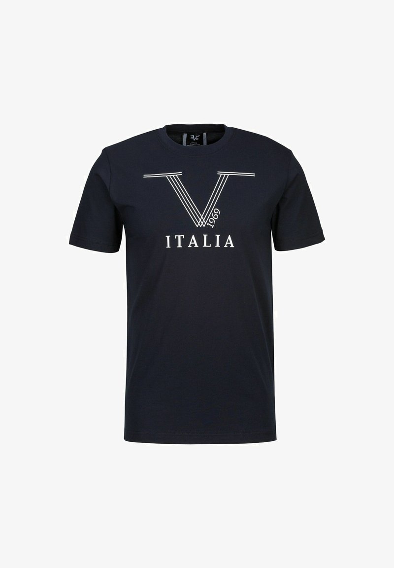 Marineblauwe katoenen t-shirt met een witte grafische opdruk van "V 1969 ITALIA" op de voorkant, met een ronde hals en korte mouwen.