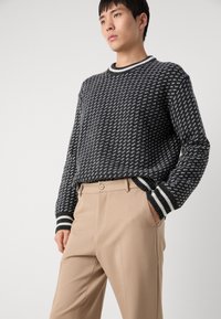 Suéter de punto con patrón en blanco y negro, con puños y cuello de canalé, combinado con pantalones ligeros de color beige que tienen un botón frontal y bolsillos.