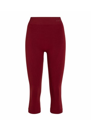 Leggings corti senza cuciture color bordeaux con texture a coste e ampia cintura, progettati per comfort e flessibilità.