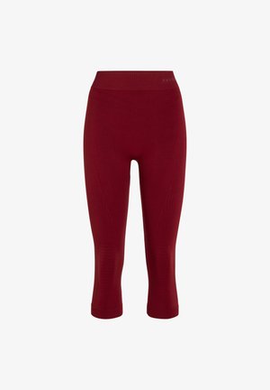 Leggings corti senza cuciture color bordeaux con texture a coste e ampia cintura, progettati per comfort e flessibilità.