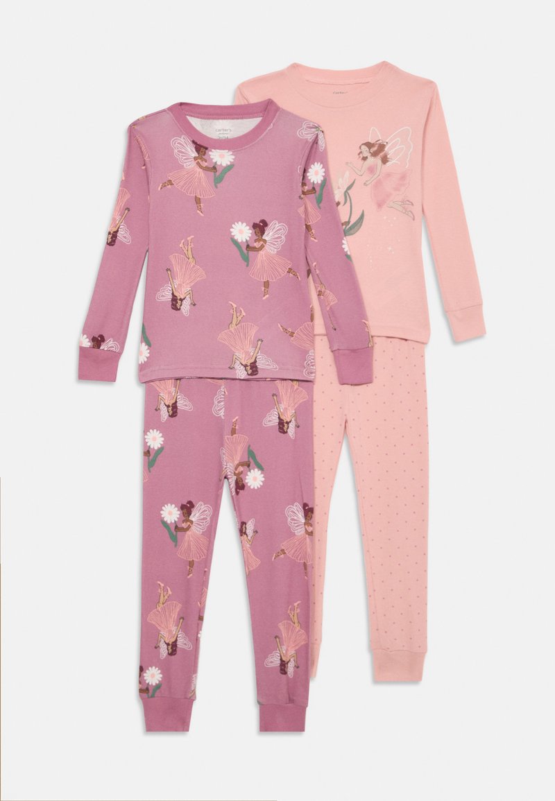 Δύο σετ παιδικών πιτζαμών: το ένα σε μοβ με εκτυπώσεις νεράιδας και το άλλο σε ροζ με λουλουδάτο σχέδιο και παντελόνια με πουά. Μαλακό βαμβακερό υλικό.