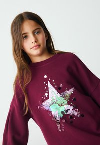 Una ragazza con lunghi capelli castani indossa una felpa color bordeaux con un design a stella scintillante realizzato con paillettes colorate. Sfondo chiaro.