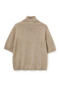 Beige Kurzarm-Strickpullover mit hohem geripptem Rollkragen sowie gerippten Bündchen und Saum, flach liegend und die Rückseite zeigend.
