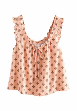 Pfirsichfarbenes, ärmelloses Oberteil mit gerafftem Ausschnitt, Zugband vorne und einem wiederholten Blumenmuster in Dunkelbraun. Leichter Stoff.