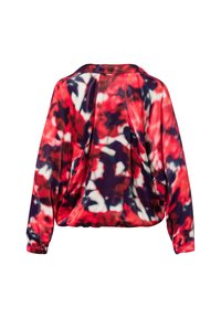 Lange mouw, cropped top in een rood, marineblauw en wit bloemenpatroon. Bevat een zachte textuur en een geplooide achterkant met elastische manchetten.