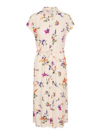 Robe fleurie avec un col et des manches courtes, en tissu crème ornée de fleurs colorées et dotée d'une taille nouée pour un ajustement parfait.