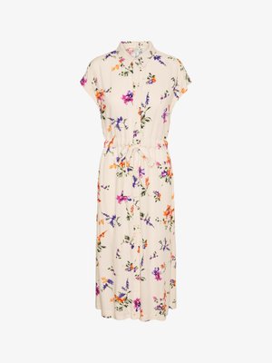 Floral dress with a collared neckline and short sleeves, featuring a cream fabric adorned with colorful flowers and a tied waist for fit.