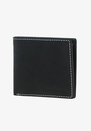 Black leather wallet with white stitching, bi-fold design, smooth texture, and embossed logo. Features multiple card slots and a note compartment.