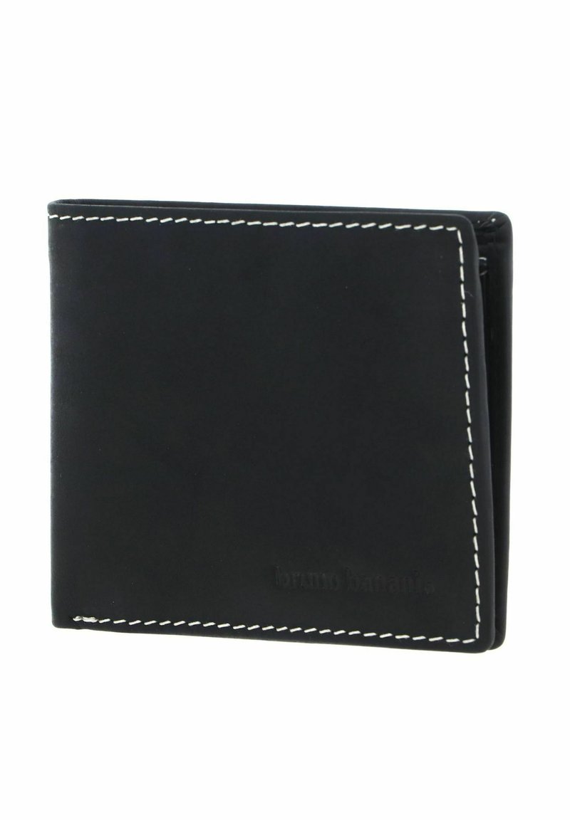 Portefeuille en cuir noir avec des coutures blanches, design pliable, texture lisse et logo en relief. Il possède plusieurs emplacements pour cartes et un compartiment pour billets.