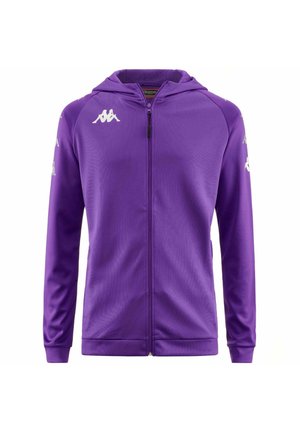 Felpa viola con zip realizzata in tessuto morbido, dotata di cappuccio, tasche laterali e dettagli con logo bianco sul petto e sulle maniche.