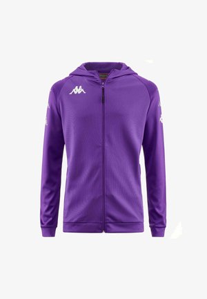 Sweat à capuche zippé violet en tissu lisse, doté d'une capuche, de poches latérales et d'accents logo blancs sur la poitrine et les manches.