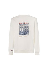 Bílá mikina s potiskem budovy, červeným textem "Pepe Jeans", žebrovanými manžetami a detailem loga na rukávu.