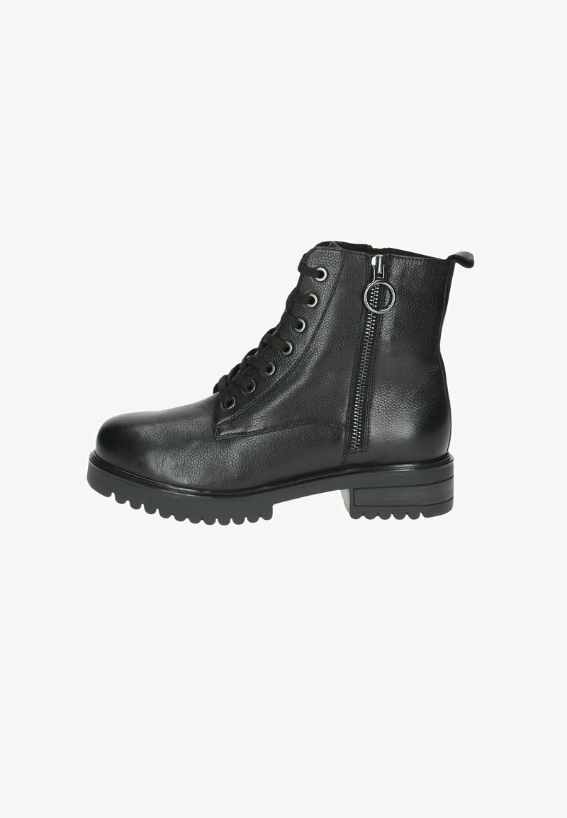 Botines negros de tobillo hechos de cuero texturizado, con cordones delante, cremallera lateral, suela gruesa y diseño de punta redonda.