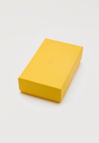 Ορθογώνιο κίτρινο κουτί με ανάγλυφο λογότυπο κύκνου και διακοσμητικό περίγραμμα στο καπάκι, τοποθετημένο σε λευκή επιφάνεια.