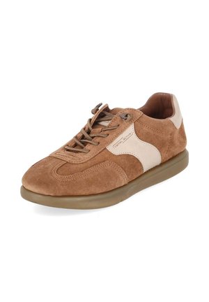 Zapatilla de ante marrón con panel lateral beige, cordones delanteros y suela de goma, en ángulo para mostrar el lateral exterior y la puntera.