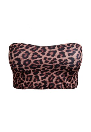 Leopard print bandeau viršus iš lygaus audinio. Turi rožinį foną su juodais taškais, pasižymi struktūrizuotu, besiūliu dizainu. Be petnešų.