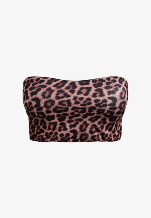 Biustonosz bandeau w panterkę z gładkiego materiału. Ma różową podstawę z czarnymi plamami, oferującą usztywnioną, bezszwową konstrukcję. Bez ramiączek.