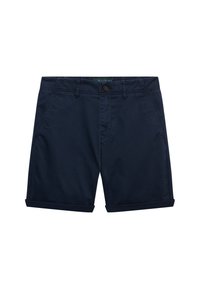 Pantalones cortos casuales azul marino con cierre de botón y cremallera, bolsillos laterales, trabillas para cinturón y bajos doblados.