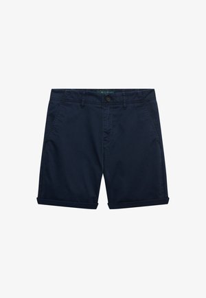 Donkerblauwe casual korte broek met knoop- en ritssluiting, zijzakken, riemlussen en omslagen aan de zoom.