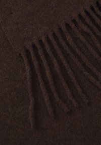 Coperta in lana marrone con bordi frangiati, caratterizzata da una superficie morbida e testurizzata e da un colore uniforme scuro. Dettagli minimali arricchiscono il suo design.
