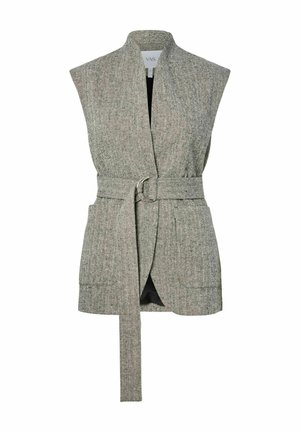 Gilet grigio senza maniche a spina di pesce con cintura larga e fibbia argentata, caratterizzato da due tasche frontali e design aperto sul davanti.