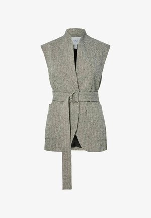 Gilet grigio senza maniche a spina di pesce con cintura larga e fibbia argentata, caratterizzato da due tasche frontali e design aperto sul davanti.