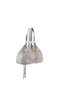Borsa a spalla in tessuto grigio dalla forma morbida, con vivaci disegni di Hello Kitty e manico intrecciato con accentuazioni rosa, verde e giallo.